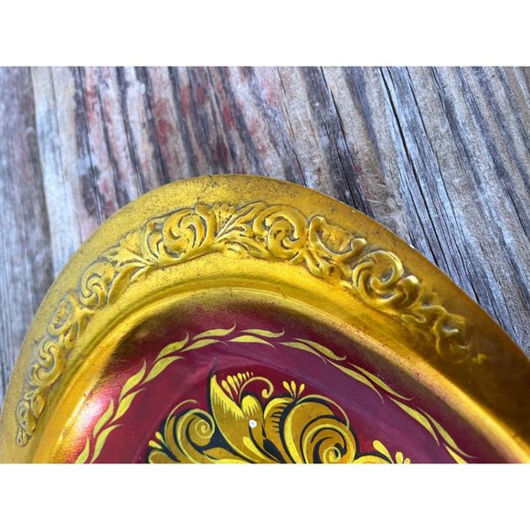 Vintage small Toleware Floral Tidbit relish tray Red Gold - Picture 3 of 11